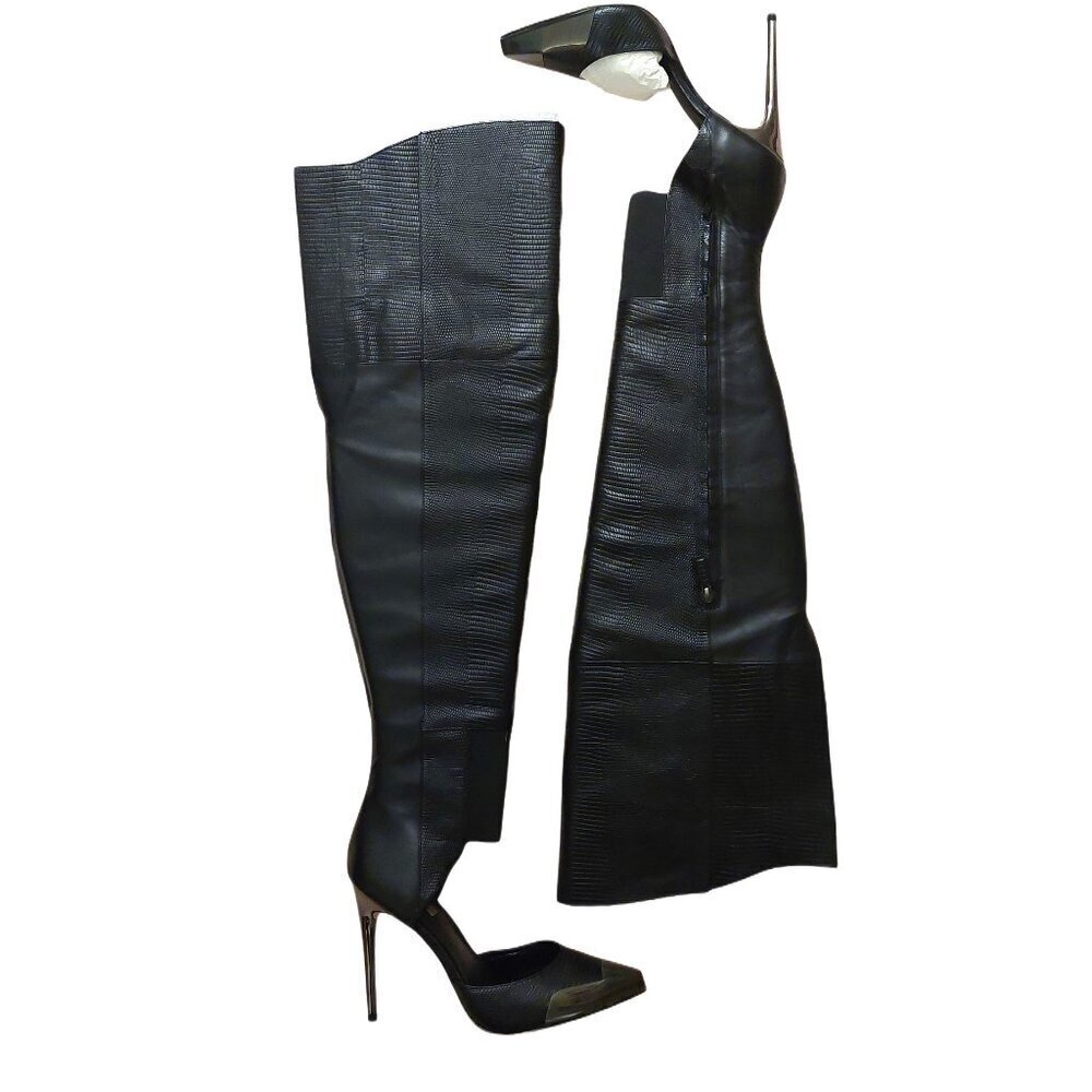 BCBGMAXAZARIA Concorde Stampede Over the Knee Black Leather Lizard Boots $695